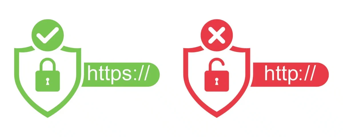 Left: green shield with a checkmark and padlock over 'https://' indicating a secure connection; right: red shield with an X and padlock over 'http://' indicating an insecure connection.