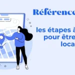 Illustration of two people with a large tablet map and a search bar, promoting local SEO steps to be visible locally in French.",