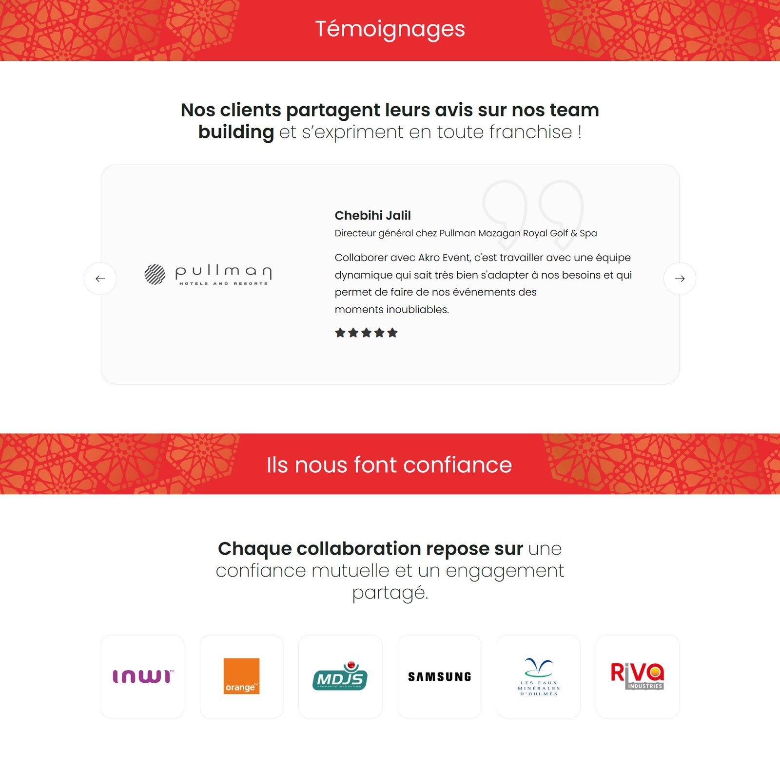 Section Témoignages: une carte de témoignage avec Chebihi Jalil, Directeur général chez Pullman Mazagan Royal Golf & Spa, et des étoiles de notation, suivie d’un carrousel de logos partenaires.