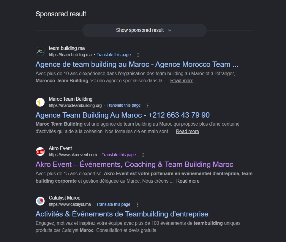 Sponsored results page showing four Moroccan team-building agencies (Team-building.ma, Maroc Team Building, Akro Event, Catalyst Maroc) with French descriptions.