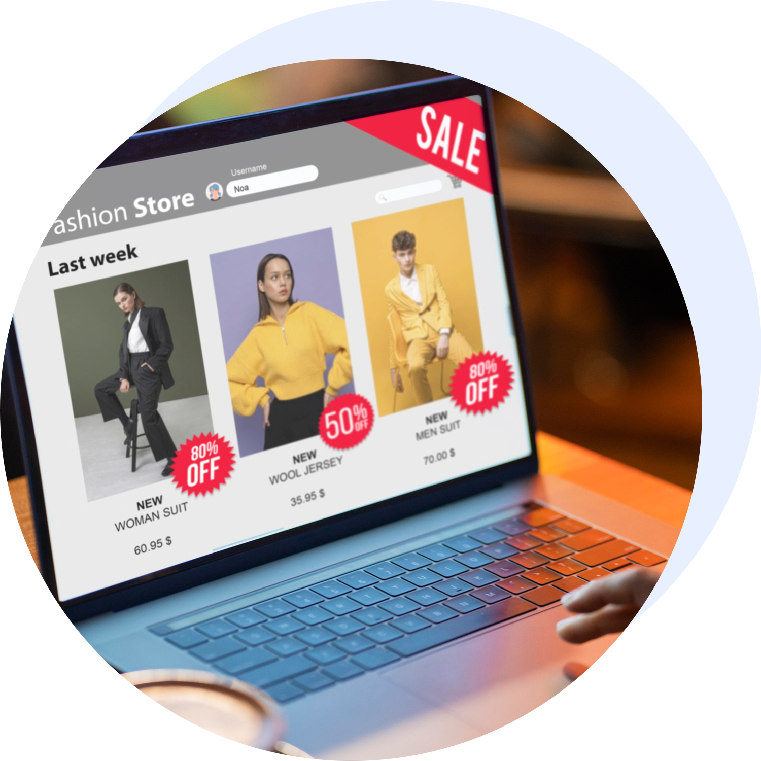 Laptop displaying an online fashion store with three model images and prominent sale badges (80% OFF, 50% OFF).