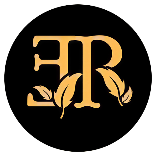 Gold decorative monogram logo with intertwined letters 'FR' and leaf accents on a black circular background