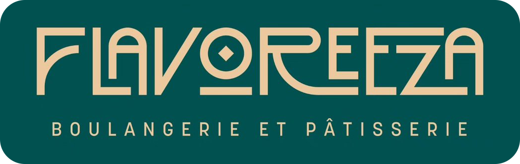 Logo for FLAVOREZA Boulangerie et Pâtisserie on a teal background with a stylized beige wordmark and subtitle.
