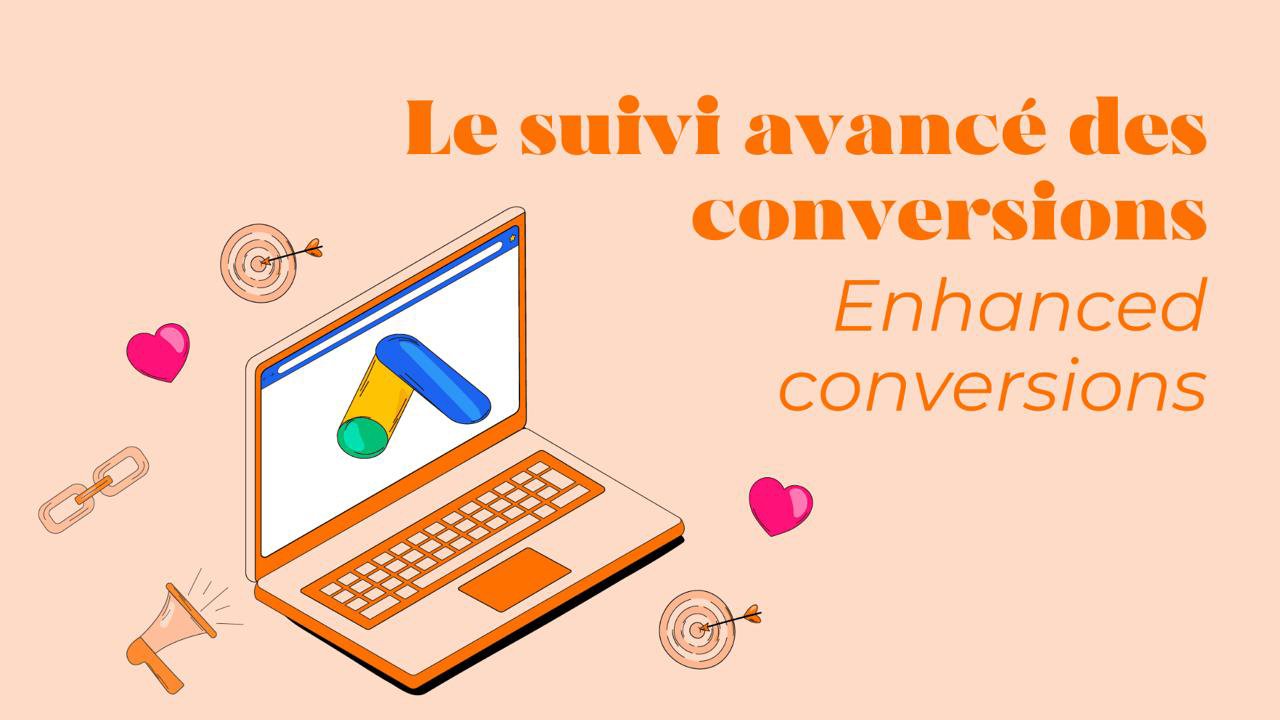Banner announcing advanced conversions tracking with a colorful laptop illustration on a peach background and bold orange text in French and English.
