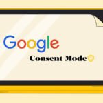 Illustration of a yellow laptop displaying a beige screen with the Google logo and the words 'Consent Mode' and a shield icon on a light background.