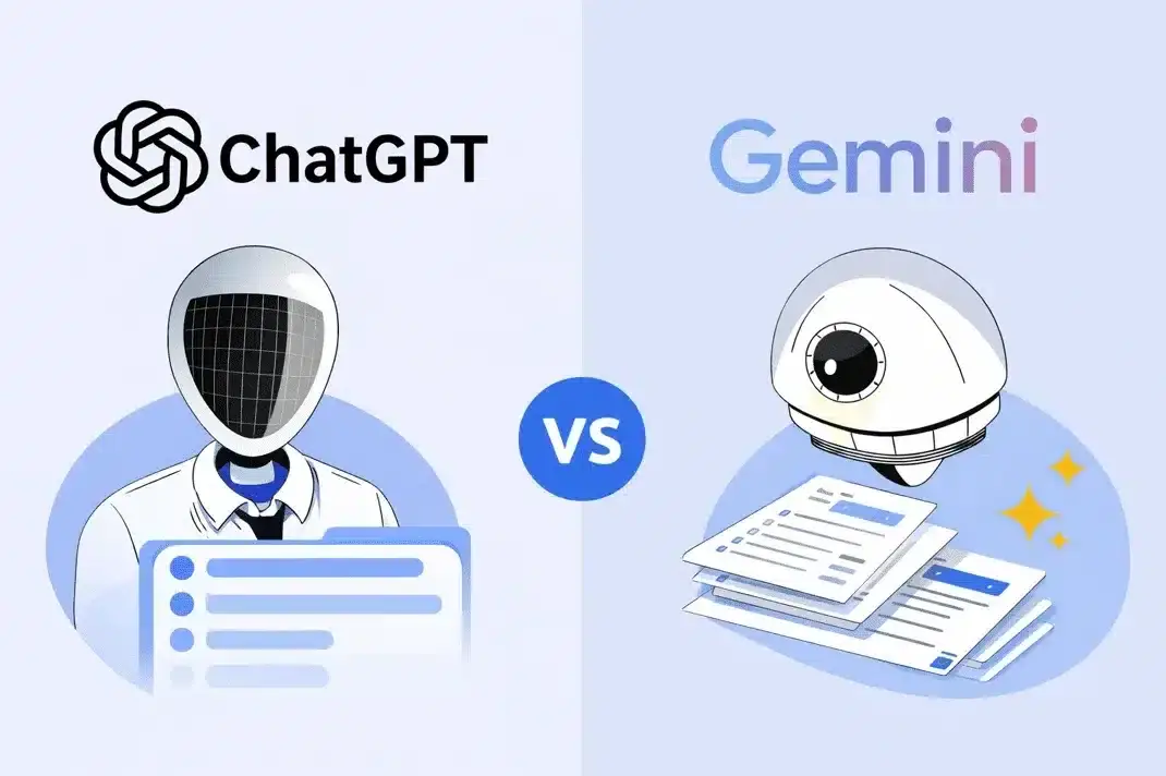 Split illustration comparing ChatGPT and Gemini: left shows a humanoid robot with a task board; right shows a robot eye with stacked documents, VS in the center.