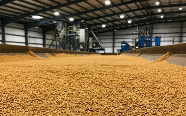 Indoor grain processing facility with a long conveyor and piles of yellow kernels spread along a trough. Machinery and bright ceiling lights are visible in the background.