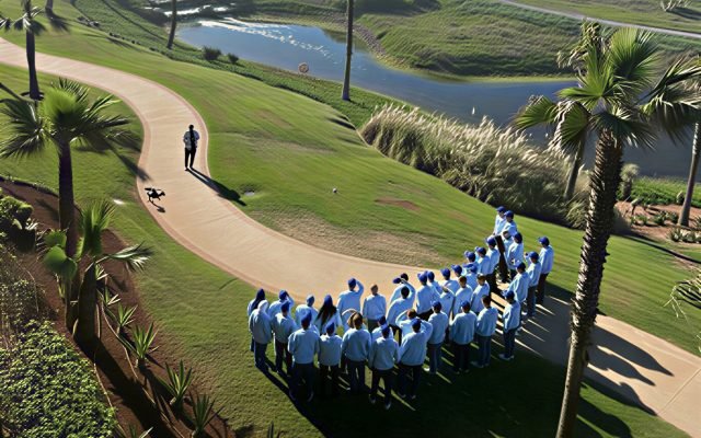 Bird's-eye view of a group of people in blue shirts standing in a semicircle on a curved park path near a pond, with a person and a small drone on the ground nearby.